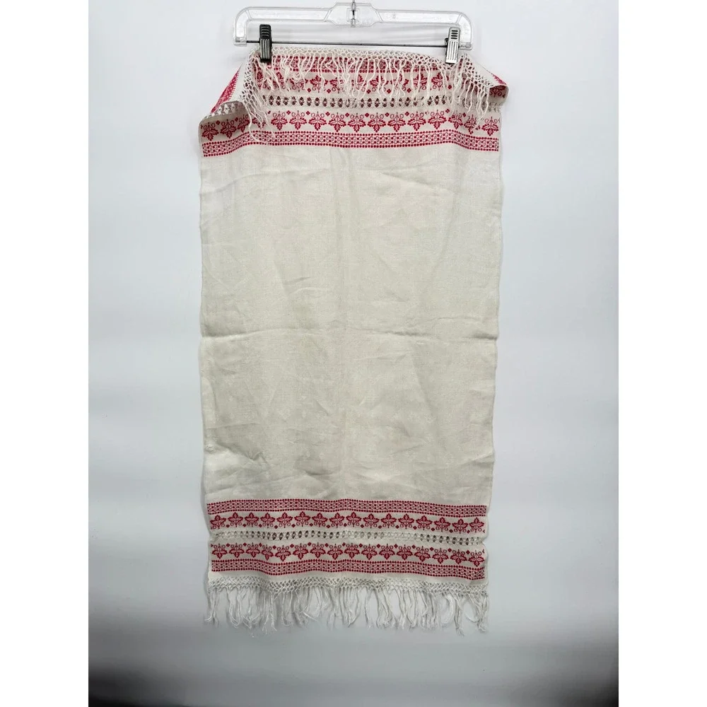 VTG Tea Towel Dresser Scarf Table Runner Red White Embroidered Fringe Boho